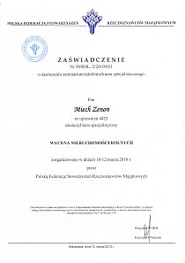 Zawiadczenie o ukoczeniu kursu specjalistycznego Wycena nieruchomoci rolnych - Zenon Miech