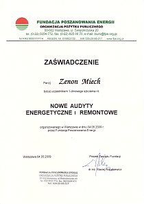 Zawiadczenie uczestnictwa w szkoleniu Nowe audyty energetyczne i remontowe - Zenon Miech